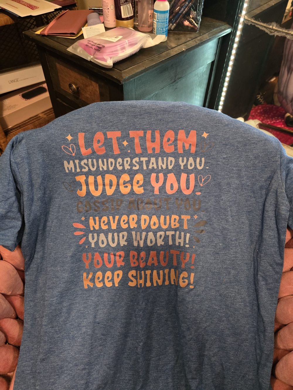 SHEIN Blue Short Sleeve Tee with Pink & Orange Inspirational Print